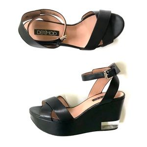 Y2K Derimod Goth Punk Black Genuine Leather Platform Wedge Sandals Mary Jane